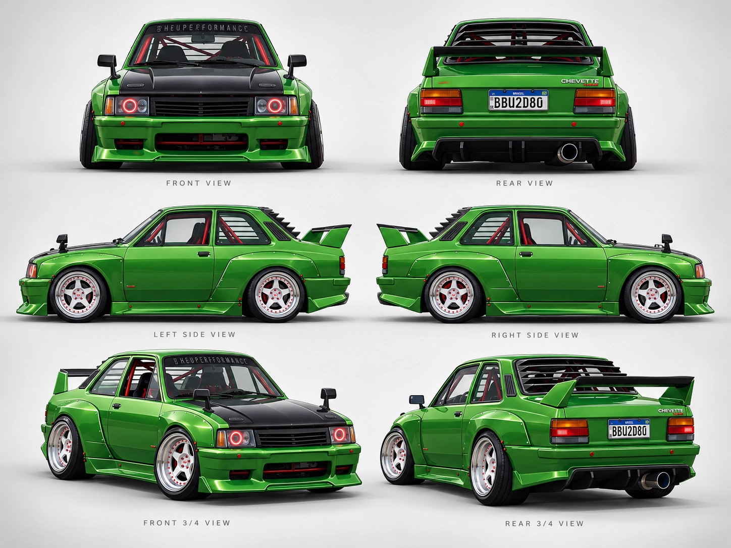 Arte conceitual do Chevette Grinch em seis ângulos, mostrando o bodykit exclusivo, rodas de tala larga e detalhes da carroceria